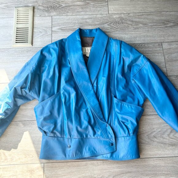 Vintage 80s BB Dakota Blue Leather Bomber Moto Jacket Made in Canada - Picture 4 of 16